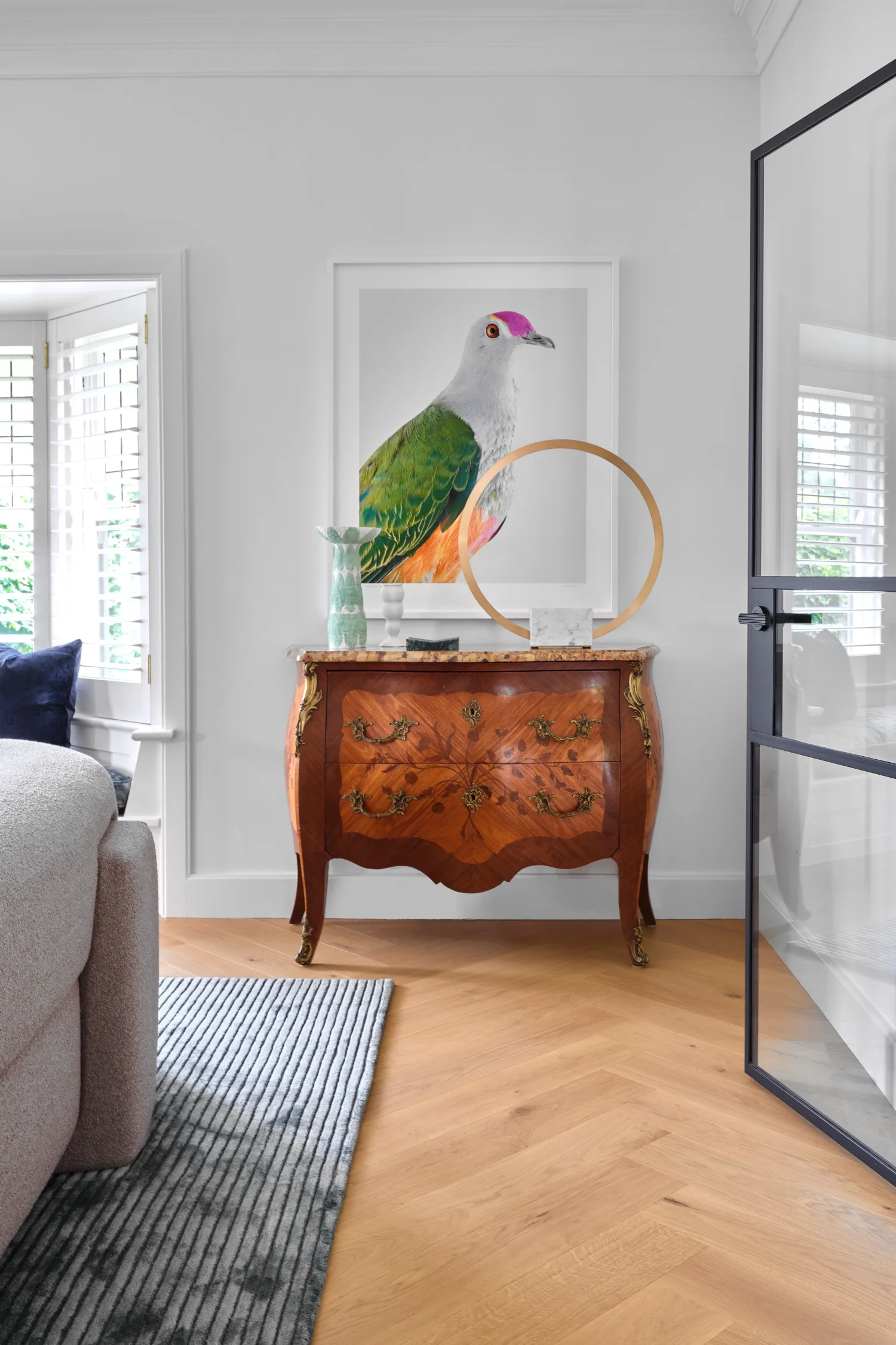 formal living art deco bird artwork