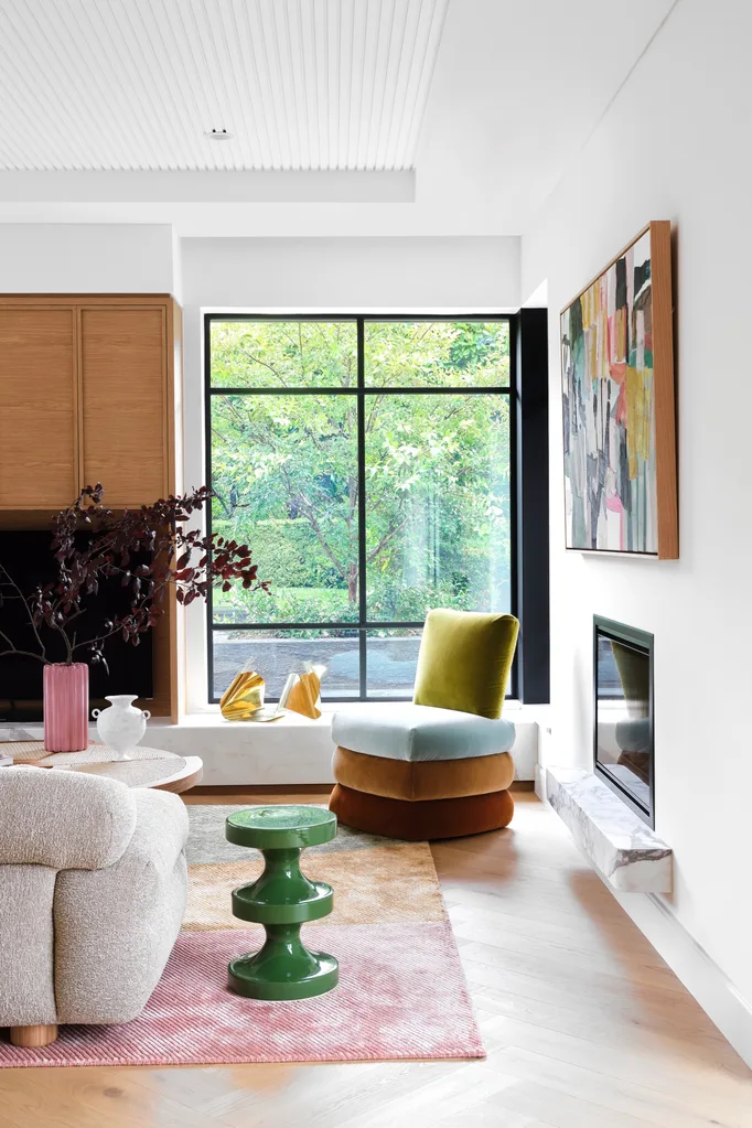 art deco home renovation living area colourful furniture