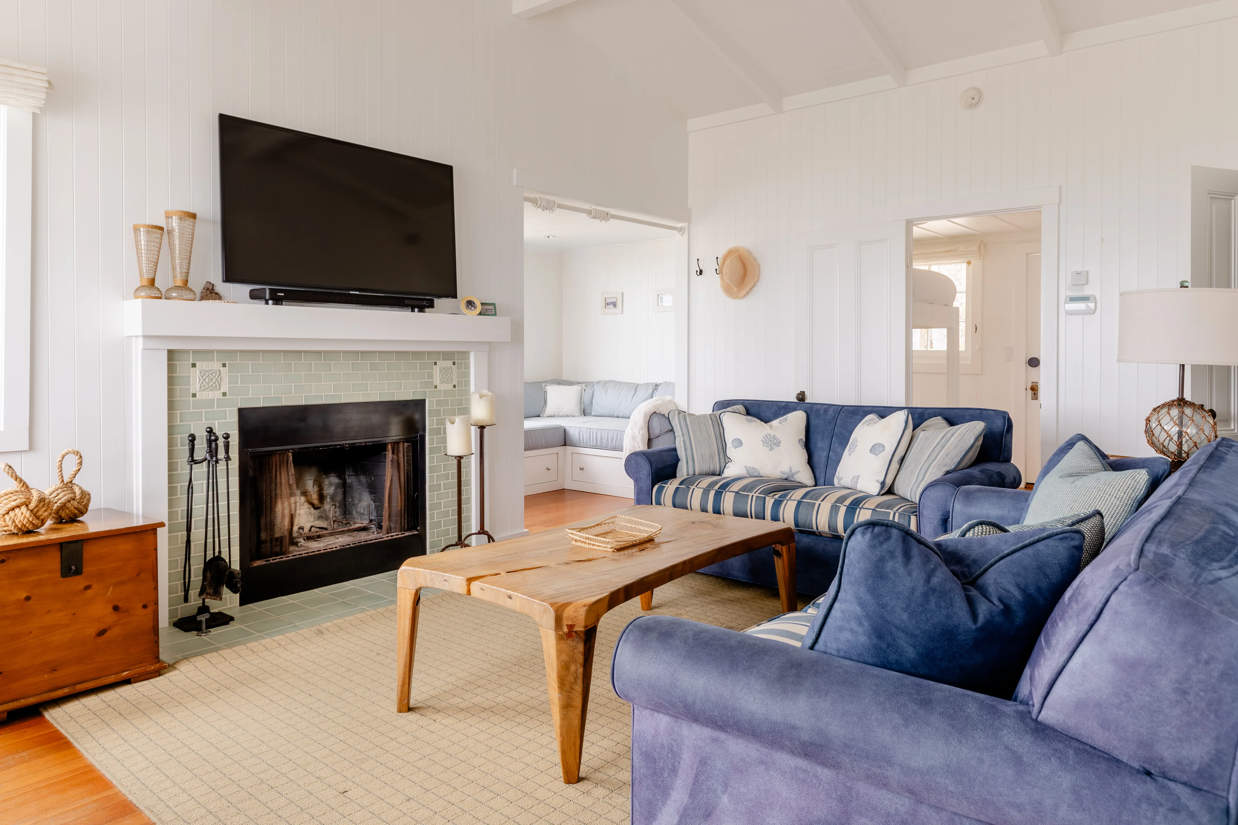 Ashton Kutcha Mila Kunis Beachhouse living room open fireplace