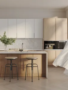 A kitchen with stone benchtops from Neolith in new colour Everest Sunrise.