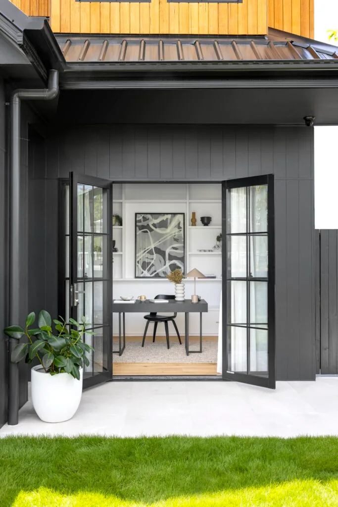 european farmhouse style build brisbane office french doors