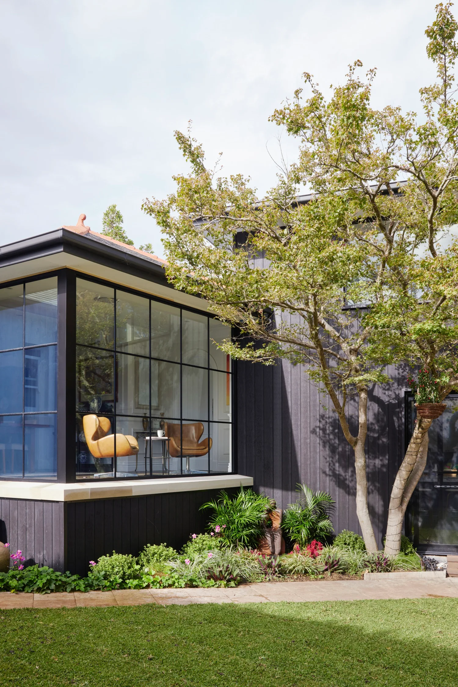 hamptons inspired bungalow upper north shore black gridded windows exterior
