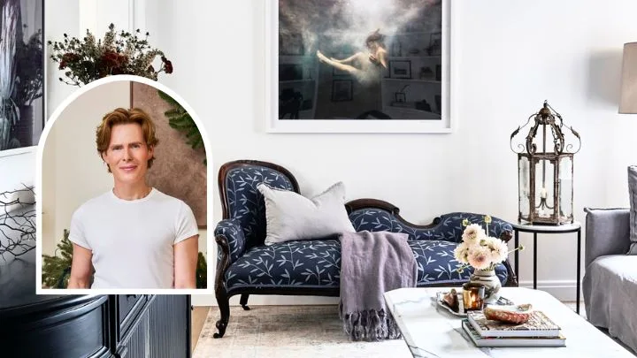 A living room with an antique blue chaise longue, and an image of Loui Burke inset