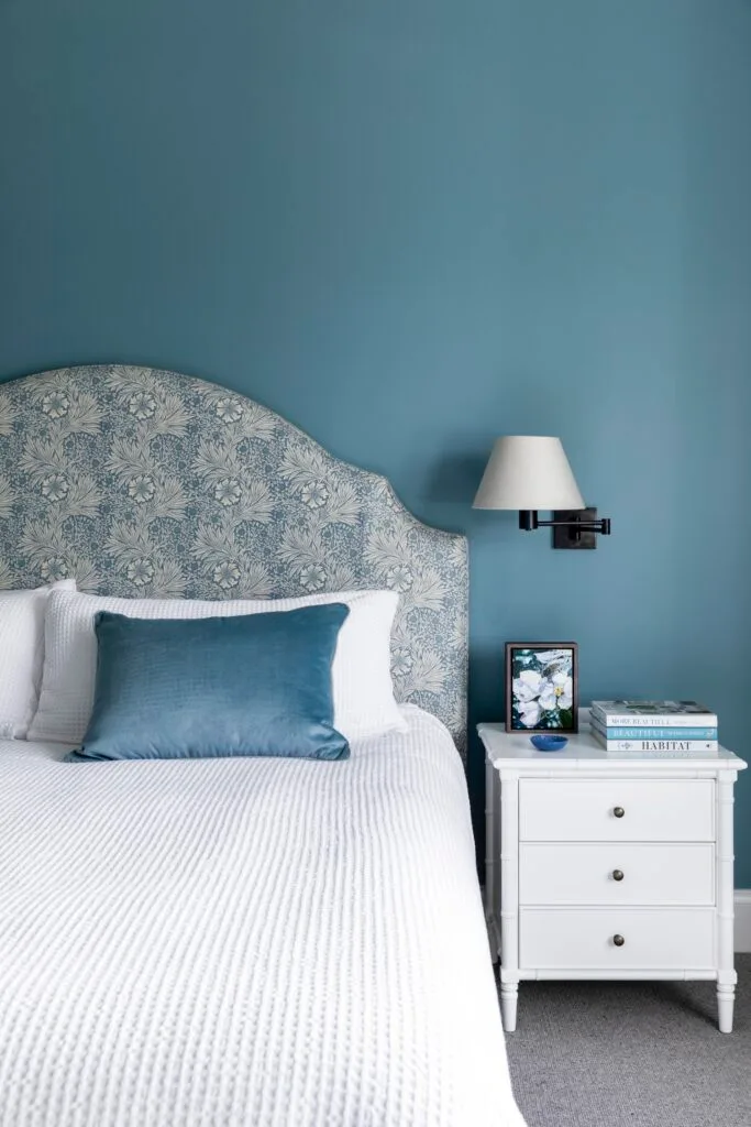 melbourne 1920s bungalow main bedroom upholstered floral bedhead