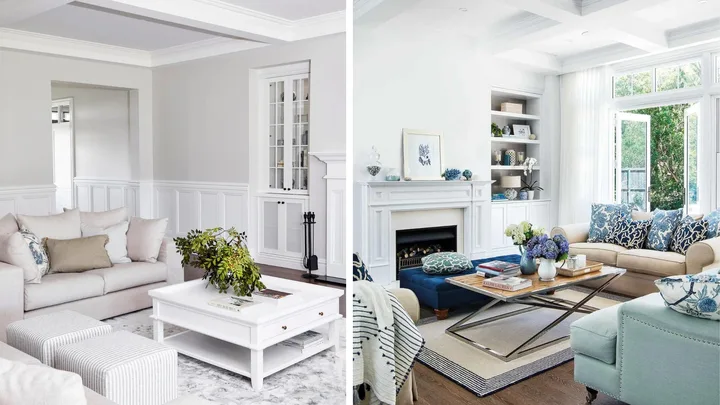 Two living rooms with coffered ceilings