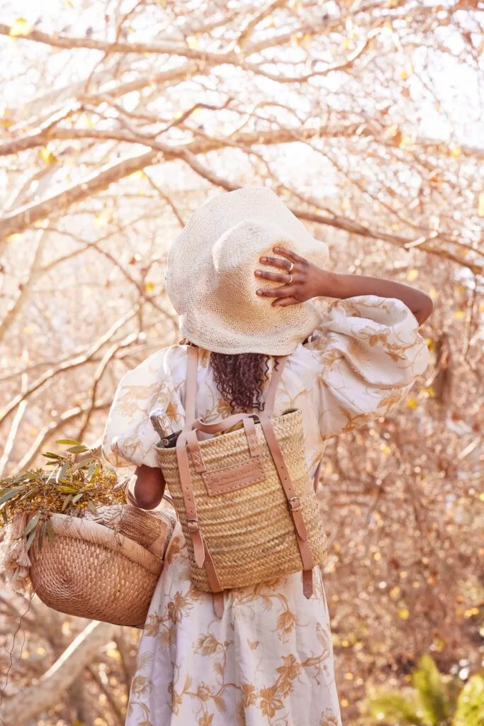 basket weave backpack and hat