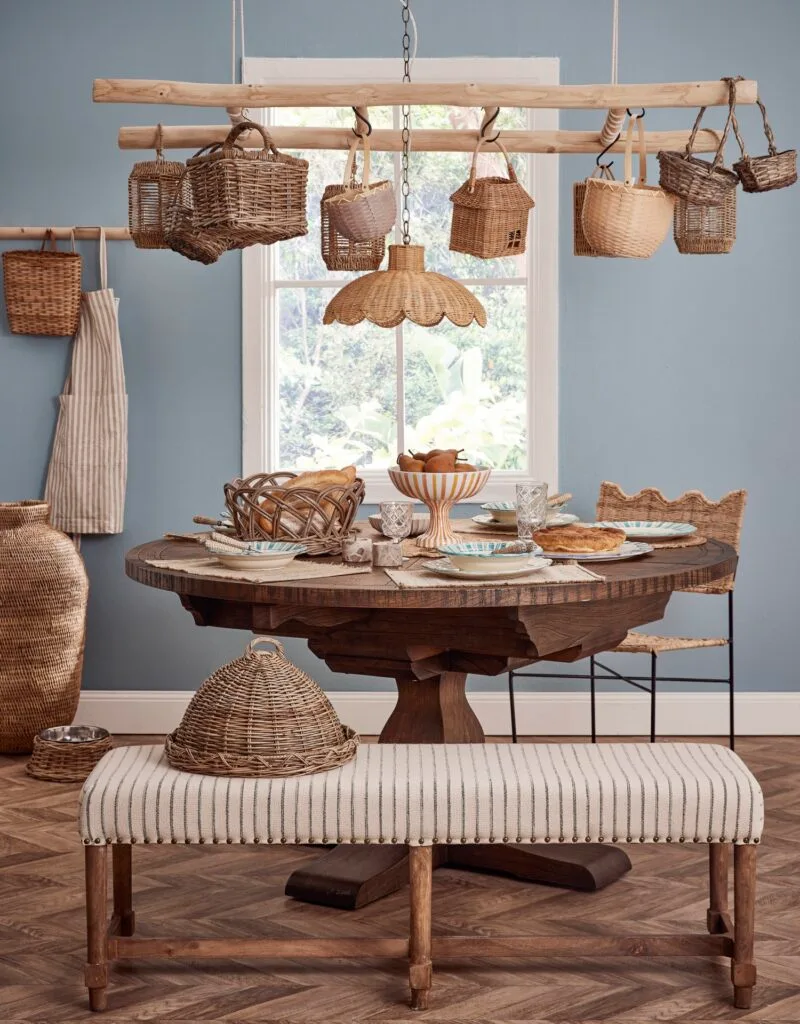 woven homewares hanging baskets over table