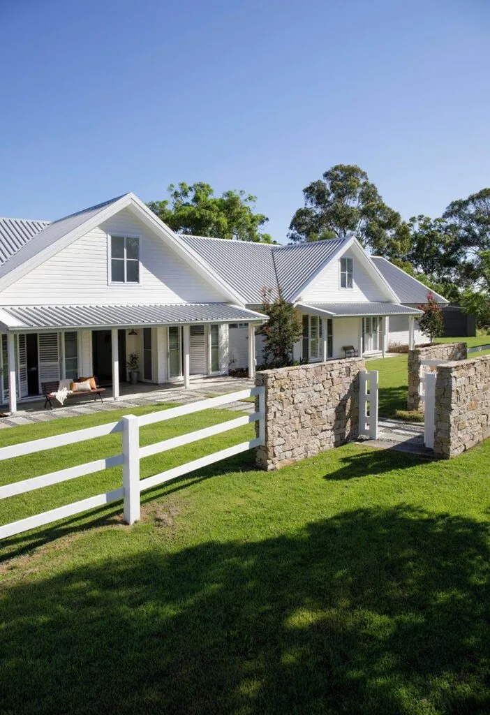 Gold Coast Hamptons farmhouse-style home with white facade.