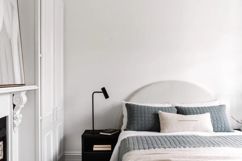 Contemporary blue and white bedroom.