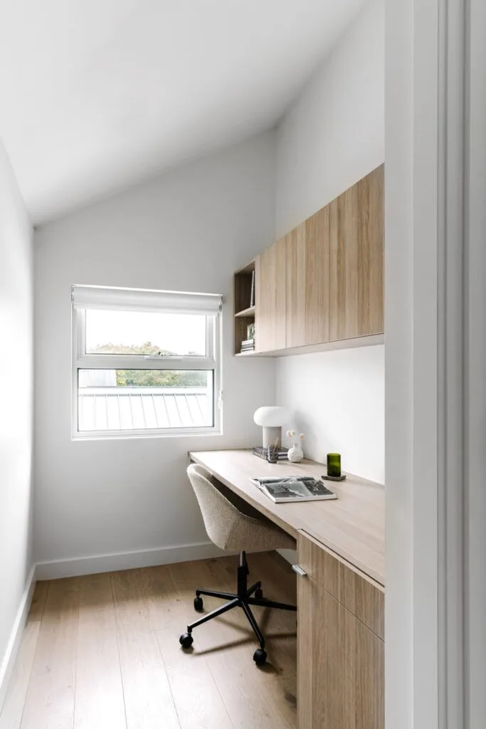 Home study and wooden desk.