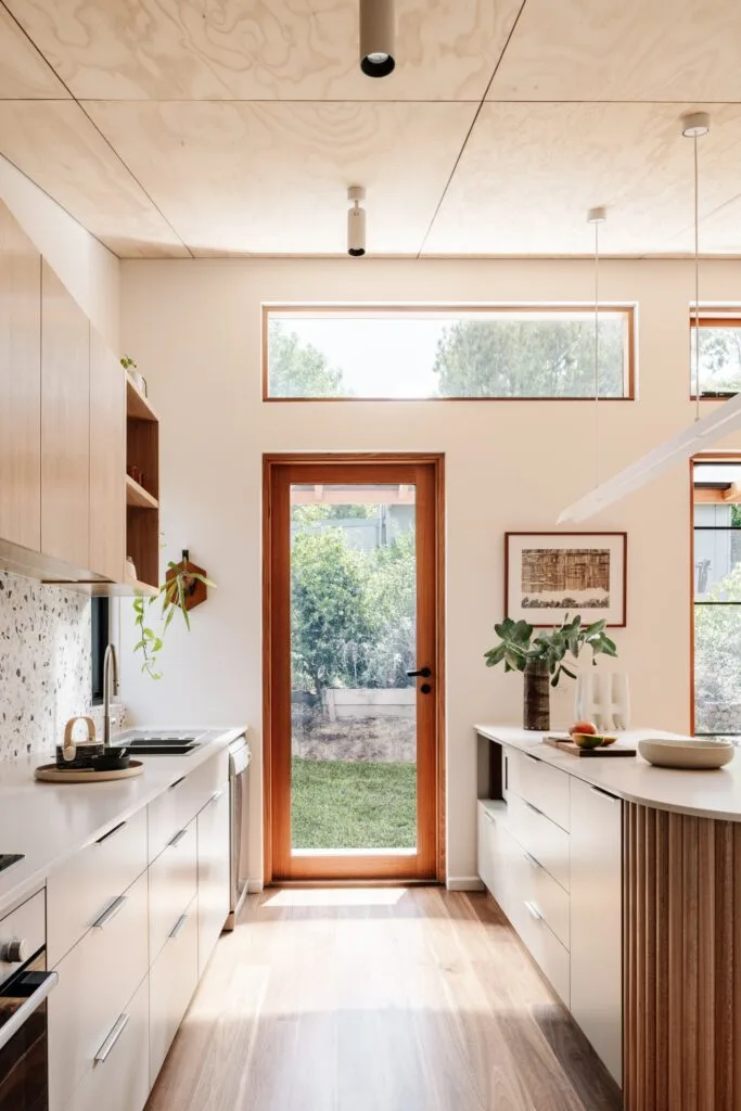 Sustainable timber kitchen with clerestory windows.