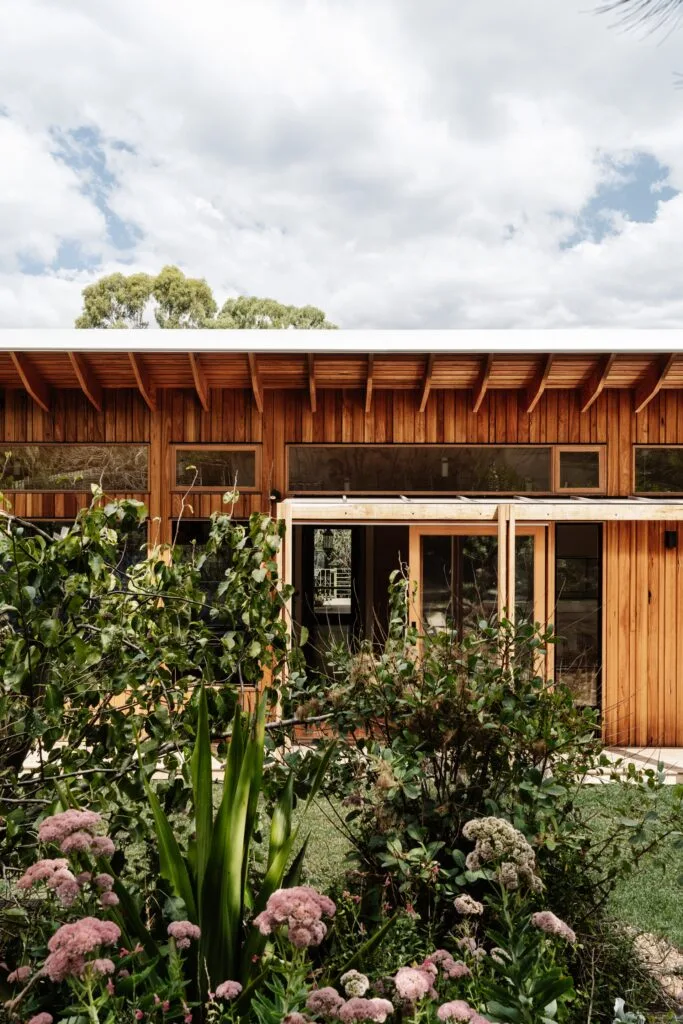 Reclaimed timber rear facade and pink garden flowers.