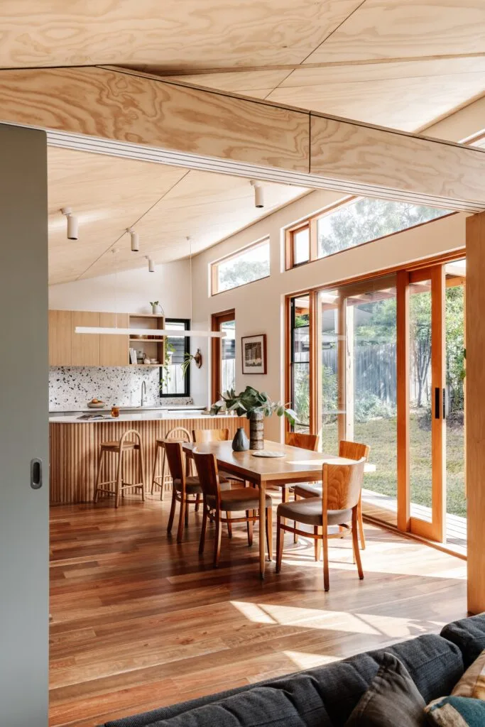 Sustainable timber and living and dining area.