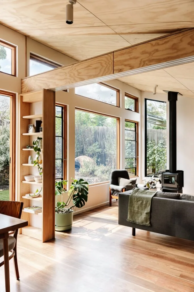 Timber open plan living and dining area.