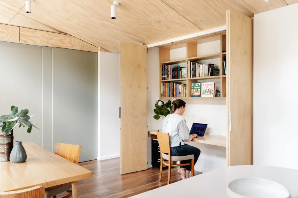 Timber built-in study desk and shelving.