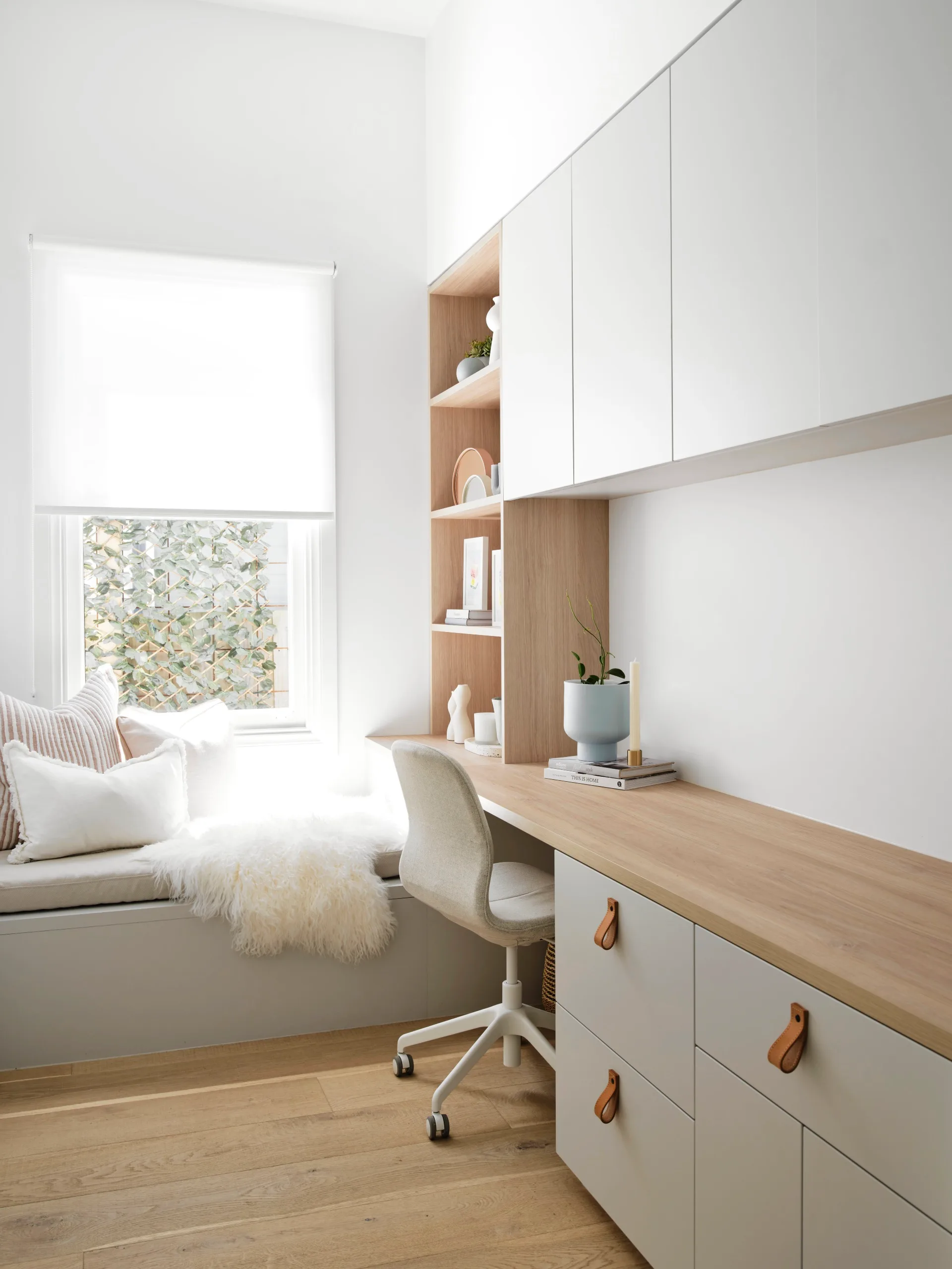 Contemporary Scandi style study nook and timber desk.
