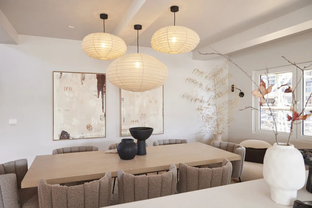 Japandi style dining room with lantern pendant lights and two large artworks from The Block 2023 House 4.