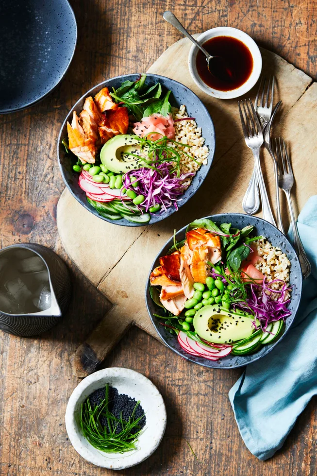 Healthy teriyaki rice bowl with avocado.