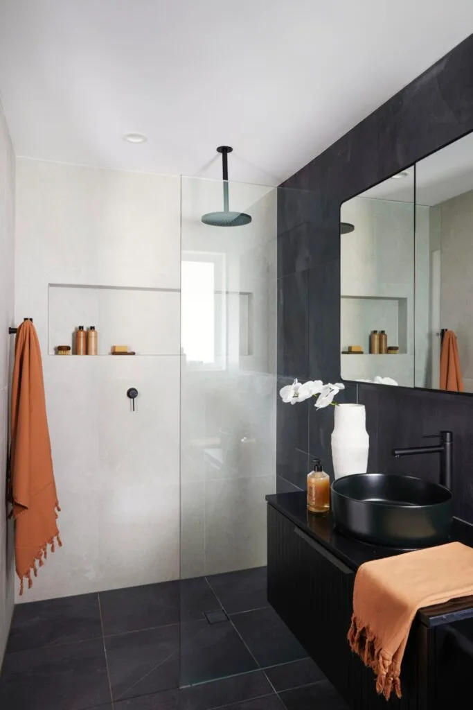 Zoe and Benji Marshall Sydney home black bathroom