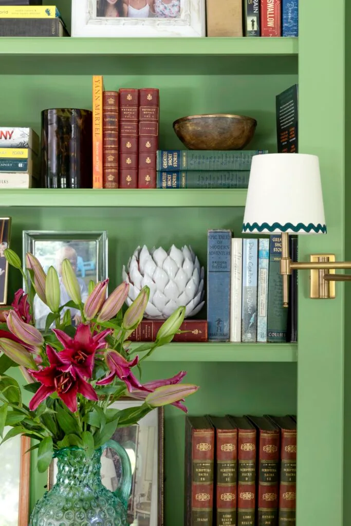 Green bookshelf and display cabinet.