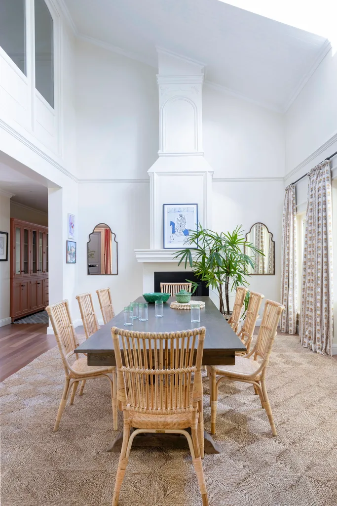 Classic English dining room with white raised ceiling.