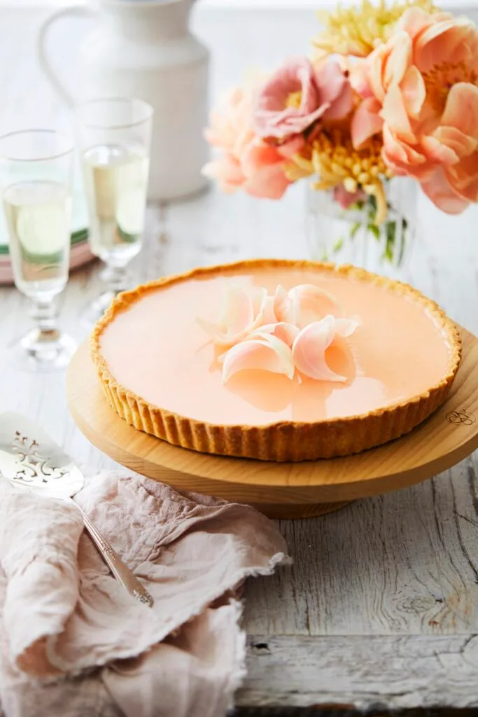 Pink grapefruit and panna cotta tart ready to serve.