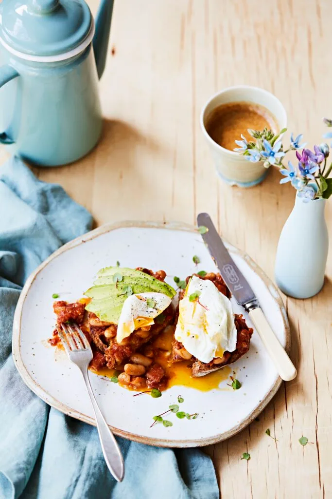 Rustic smoked baked beans with avocado and eggs.