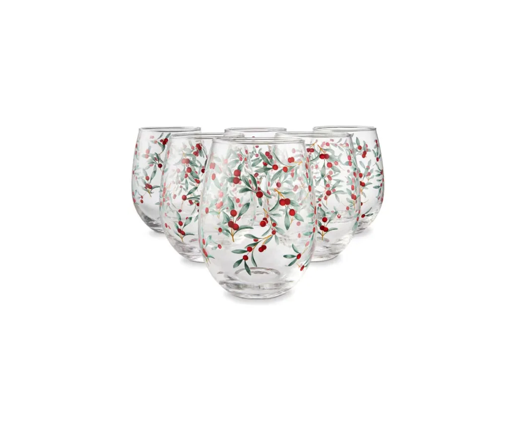 Traditional foliage stemless glasses.