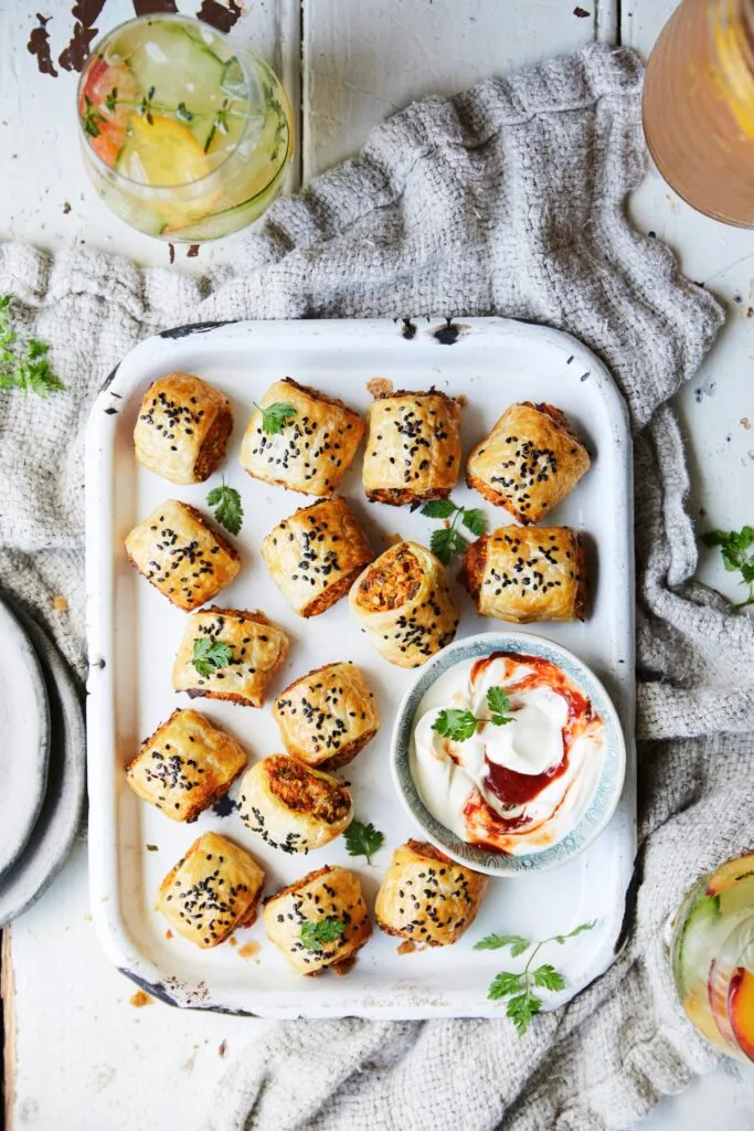 Sweet potato and lentil vegetarian sausage rolls.