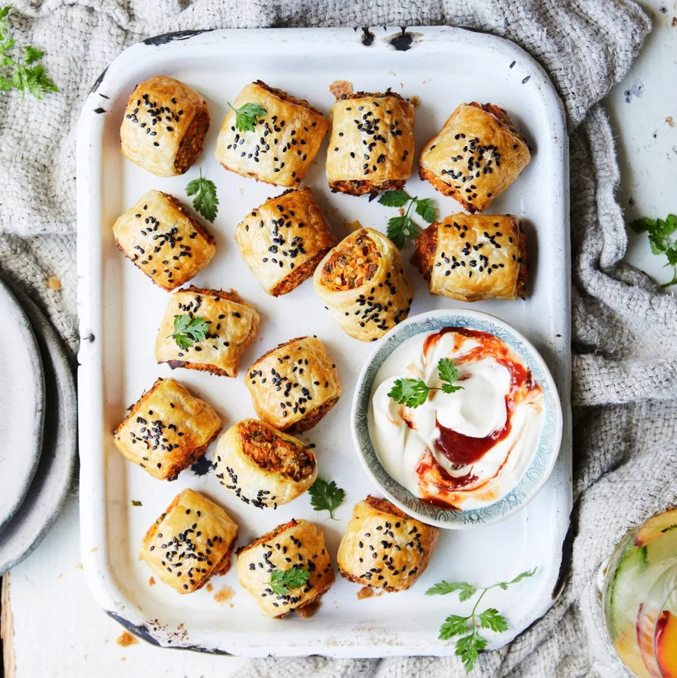 Sweet potato and lentil vegetarian sausage rolls.