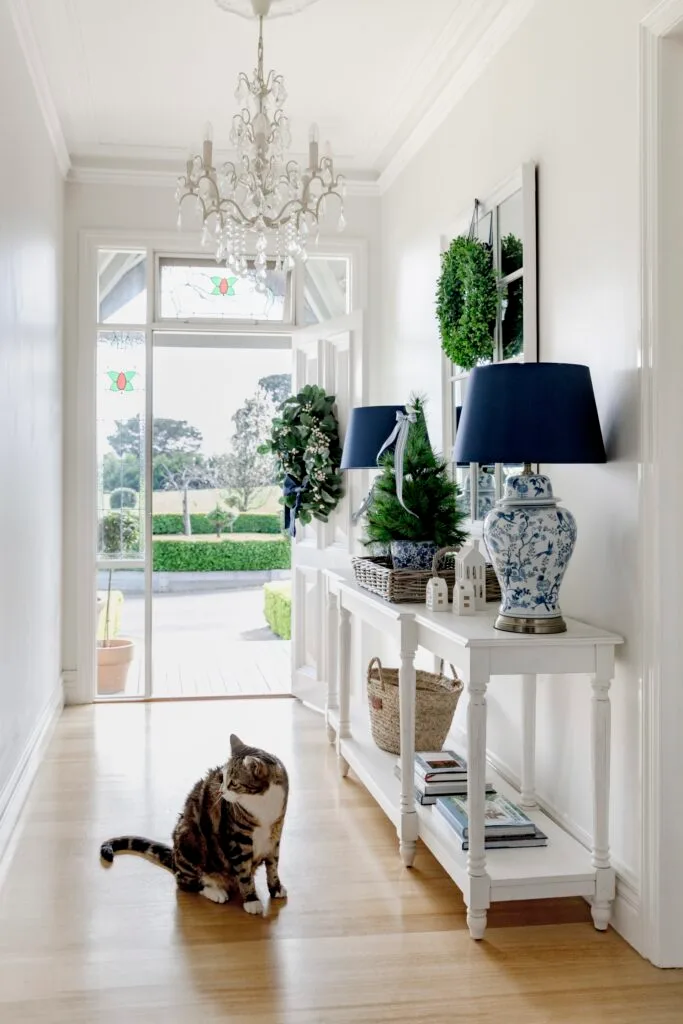 The entryway with a decorative white console and a cat sitting on the floor.