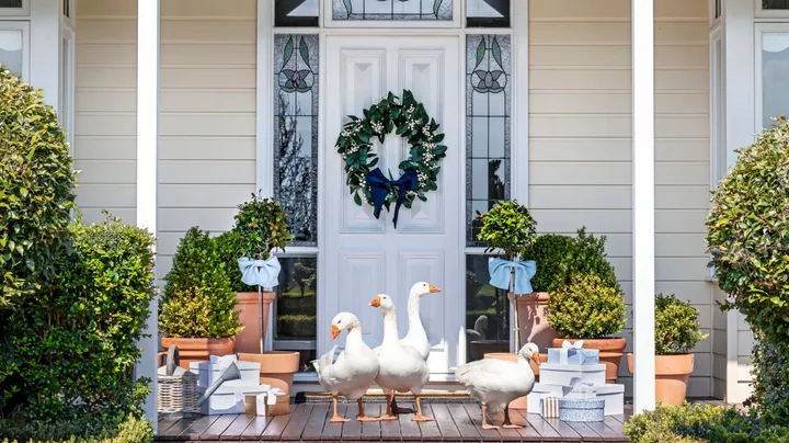 The outdoor white Hamptons style entrance with geese on the steps.