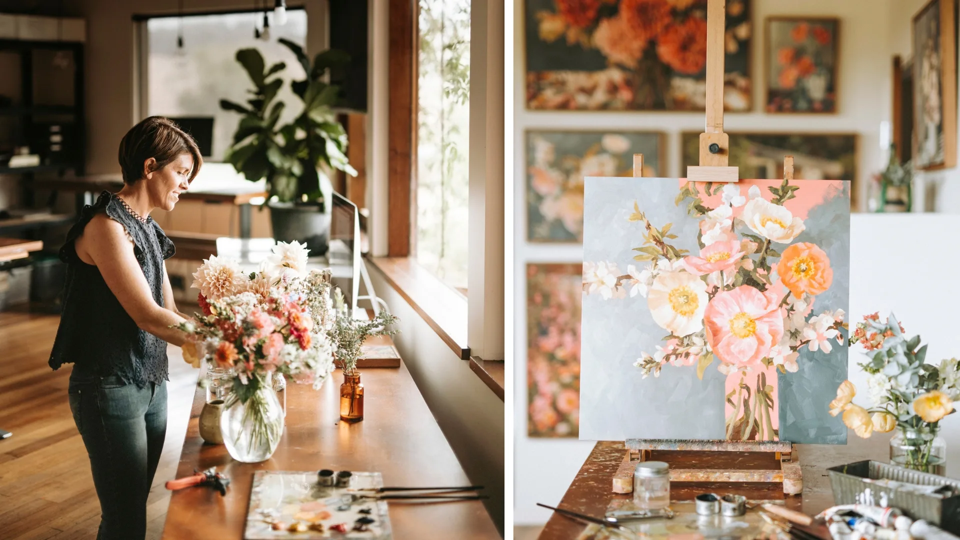 A woman arranges flowers in a bright studio; a floral painting is displayed on an easel nearby.