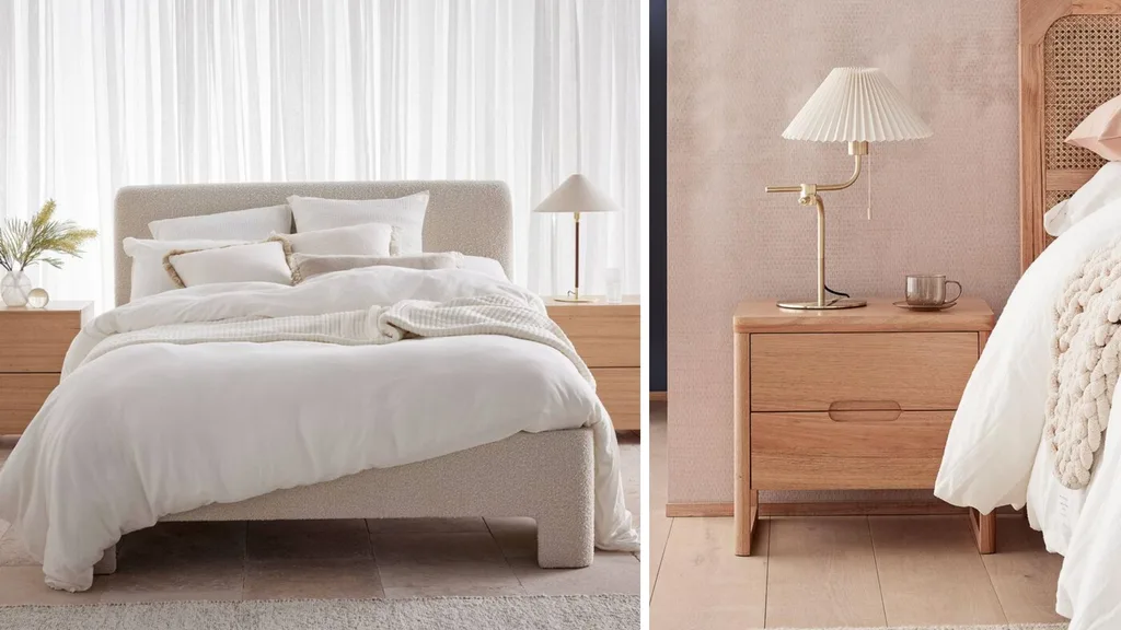 Left: A boucle bed with white linens and pillows from Freedom; Right: A wooden side table with lamp from Freedom.