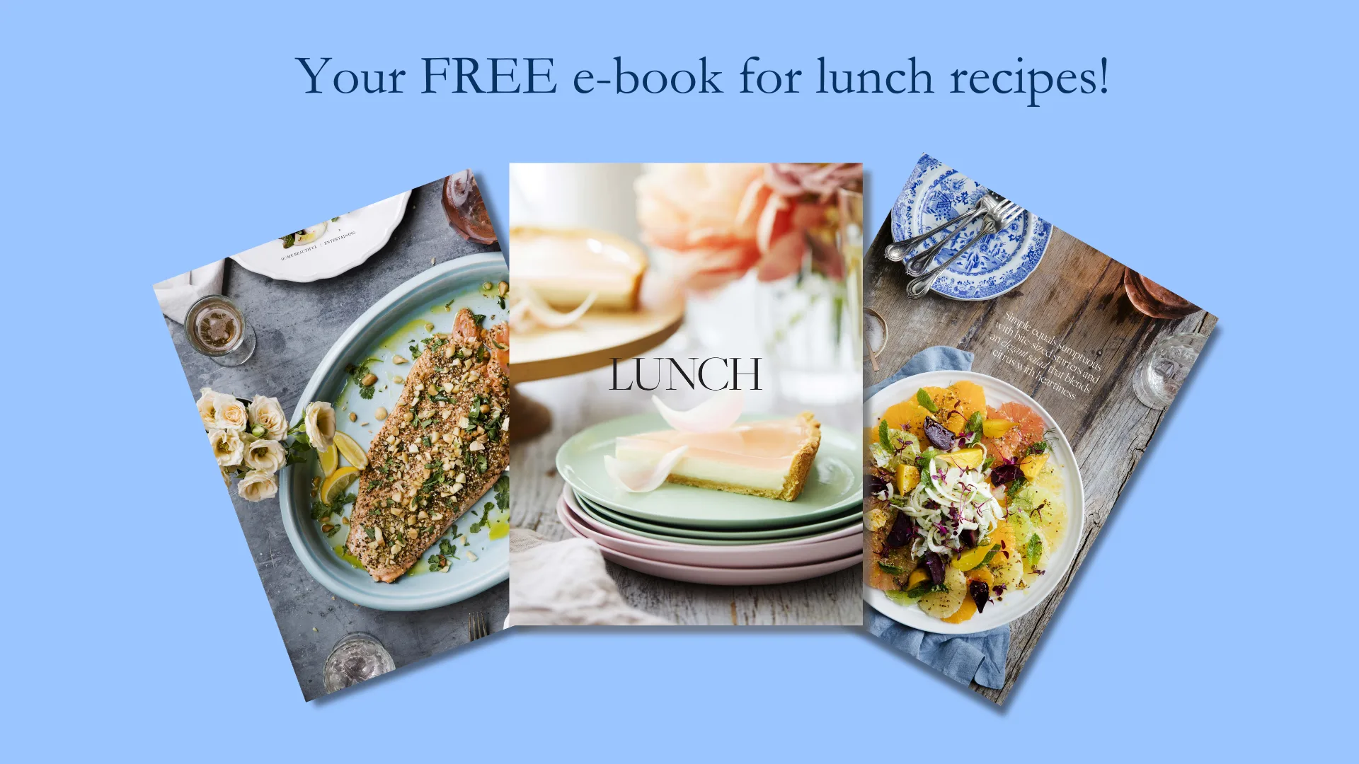 Free e-book cover featuring lunch recipes with images of salmon, a dessert, and a colorful salad.
