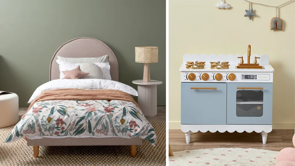 Left: A single bed with a floral quilt cover Mocka; Right: A toy kitchen from Mocka.