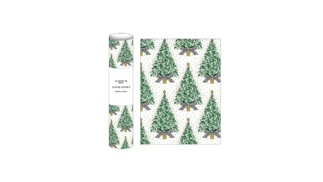 Wrapping paper with green Christmas tree pattern and gold stars, packaged in roll from David Jones.