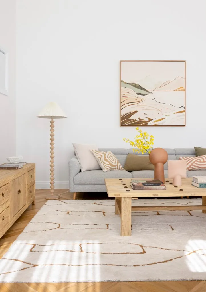 A neutral living area with a timber coffee cable and a sectional grey sofa.