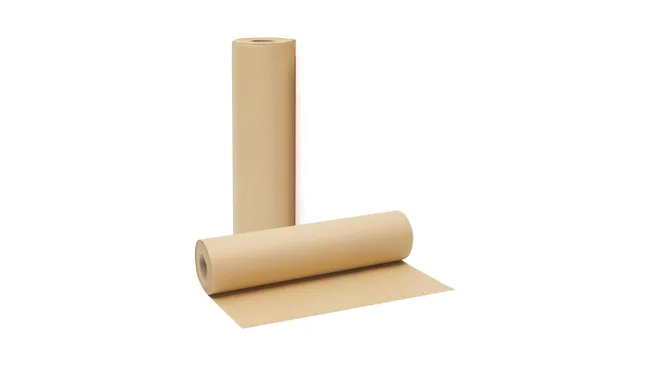 Two rolls of brown kraft paper, one upright and the other partially unrolled, on a white background.