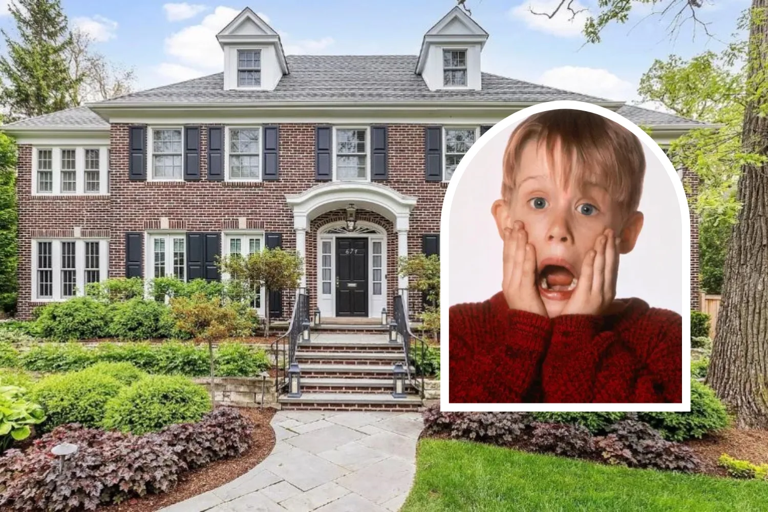 The Home Alone House facade with young Macaulay Culkin inset in the iconic scream pose