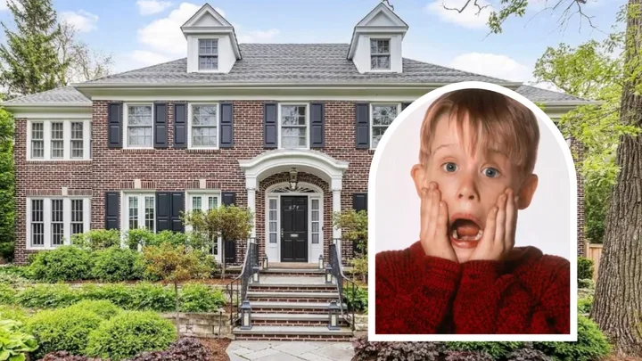The Home Alone House facade with young Macaulay Culkin inset in the iconic scream pose