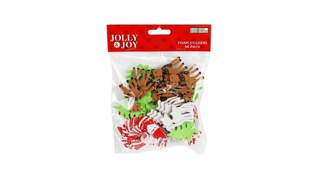 Pack of Jolly & Joy festive foam stickers in various shapes and colors, 96 pieces.