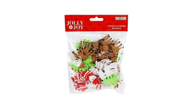 Pack of Jolly & Joy festive foam stickers in various shapes and colors, 96 pieces.