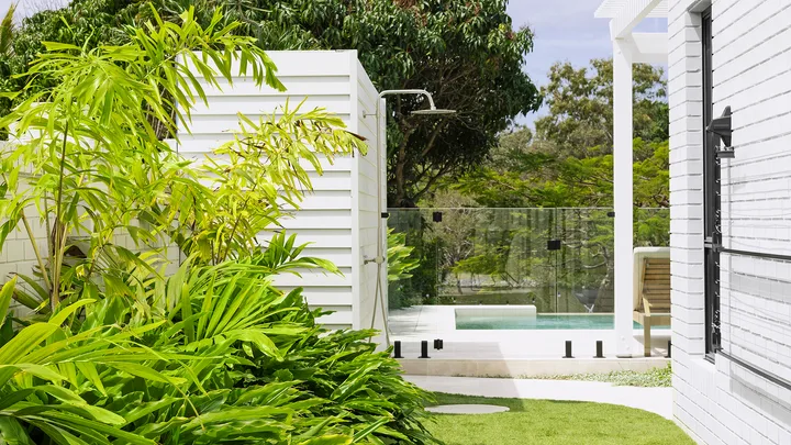 Outdoor shower in a tropical style garden on the Gold Coast