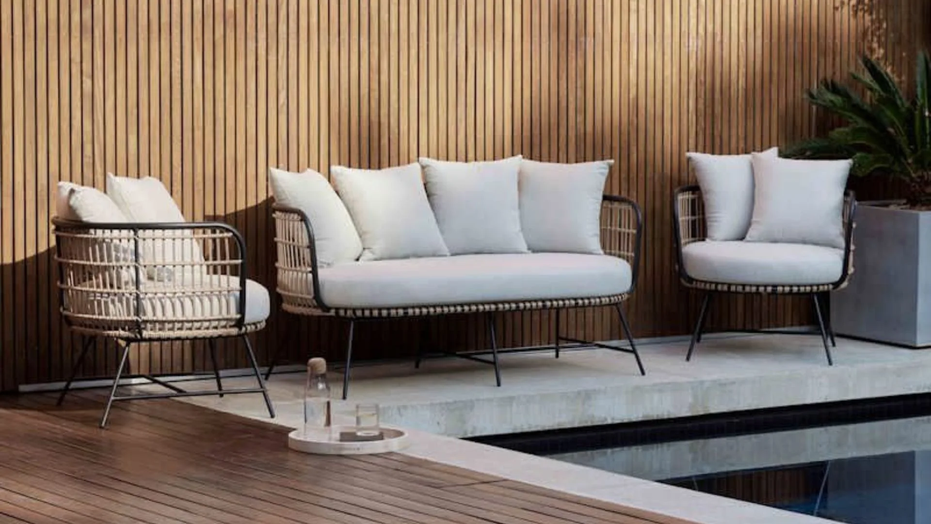 B2C Furniture Arden bamboo wicker outdoor lounge set.