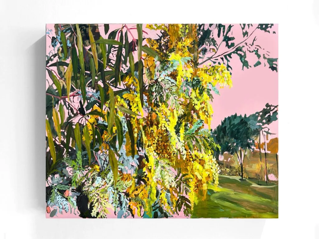 A bright painting of a wattle tree by Emily Raubenheimer.