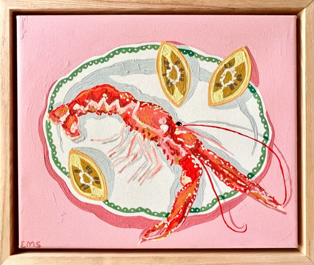 A painting of a lobster on a pink background.