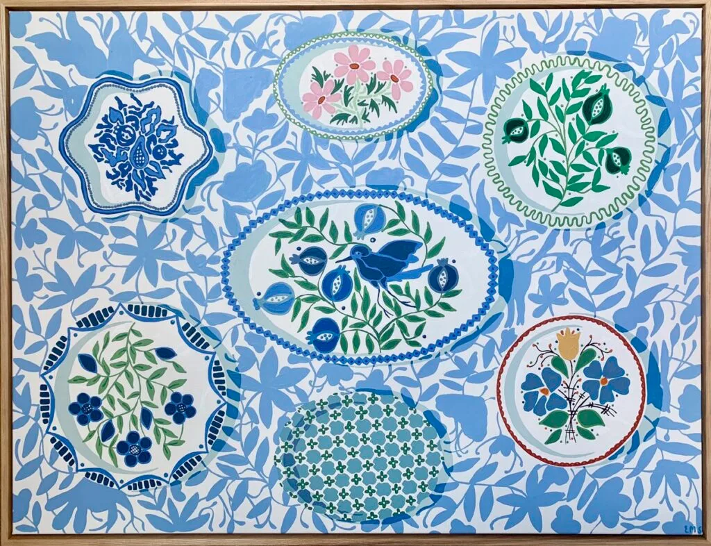 A blue patterned artwork with leaves, flowers and birds.