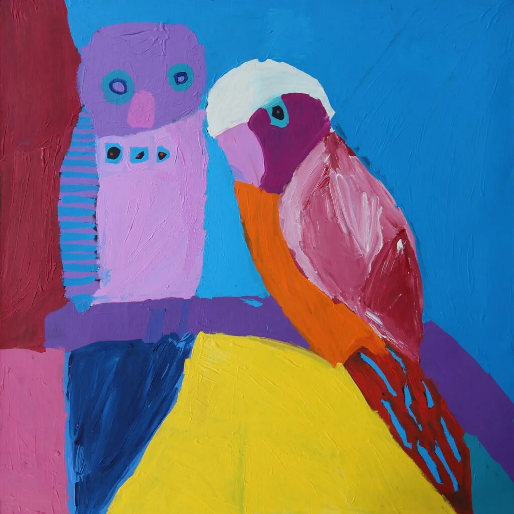 A colourful painting of two birds by Karen Napaljarri Barnes.