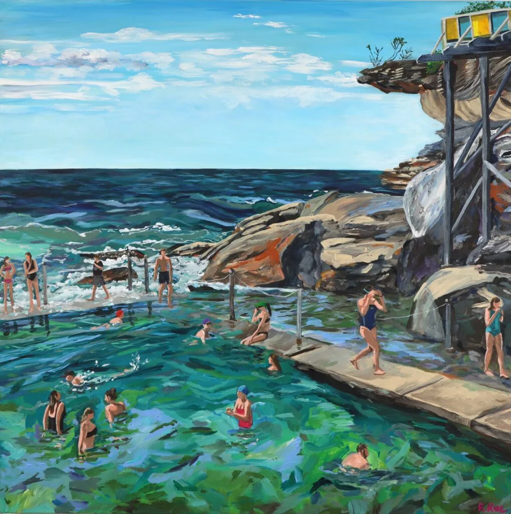 A painting of a beachside pool with swimmers by Rachel Rae.